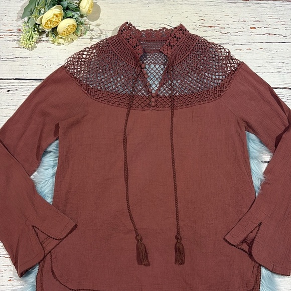 Free People Brown On the Island Crochet Yoke Blouse - Picture 7 of 11